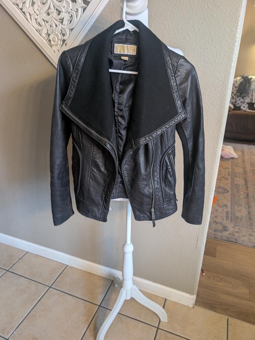 Womens Black Leather Moto Jacket with Ribbed Collar